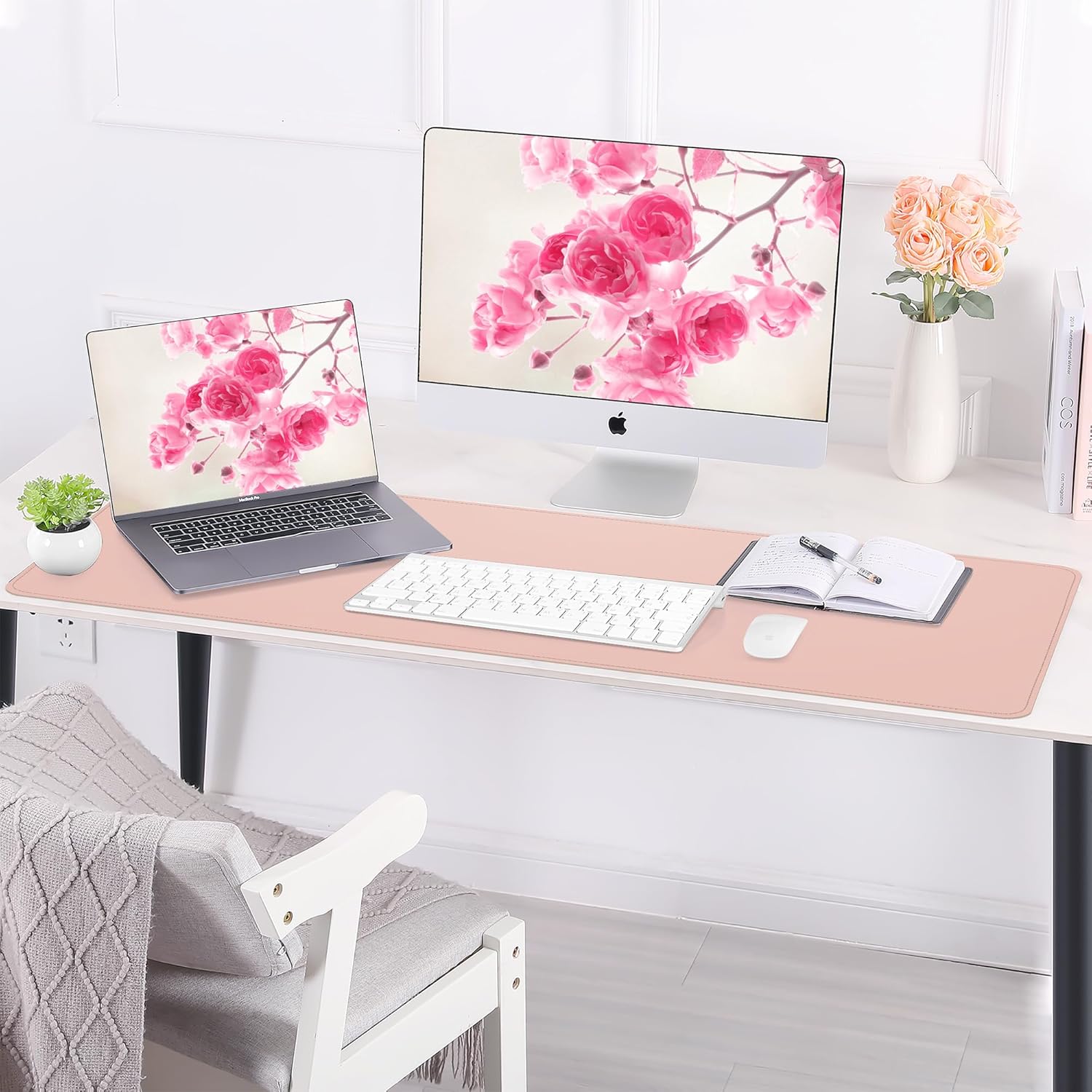 Large Desk Mat -47.2" x 17.5" Leather Desk Pad Protector with Natural Cork & PU Leather, Non-Slip Office Desk Mat, Double-Sided Mouse Pad, Waterproof Large Desk Pad for Office&Home(Pink)