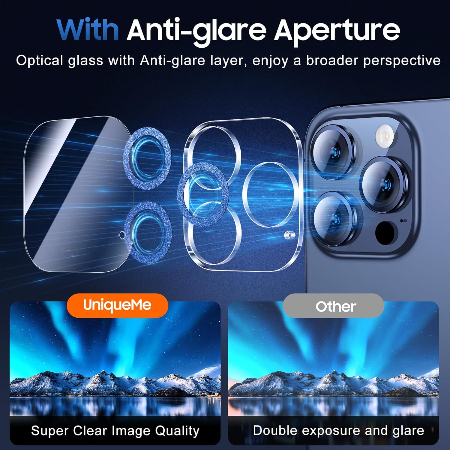 UniqueMe for 3 Pack iPhone 15 Pro/iPhone 15 Pro Max Camera Lens Protector, [Drop Protection] [Case Friendly] 9H+ Tempered Glass Camera Cover Screen [Update New Version] - Glitter Blue