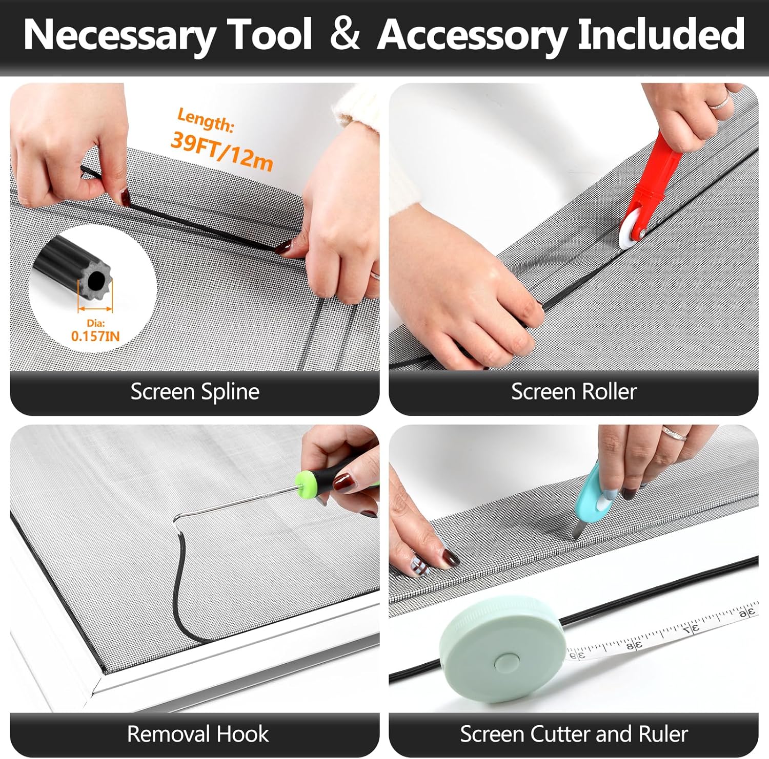 Window Screen Door Repair Kit, 48" x 177" Screen Door Mesh Replacement Kit, Durable Fiberglass Mesh Roll with Tools for Windows Doors Patio and Porch Replacement, Black