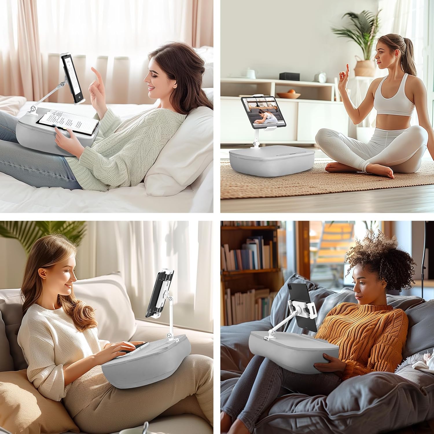 Lap Beanbag Cozy Kindle Pillow Stand for Bed with Adjustable Arm, 360° Tablet Holder, Fits 4.7"-13" Kindle, iPad, Phone, Laptop, Lap Desk for Hands Free Reading in Bed, Couch, Sofa(Light gary)