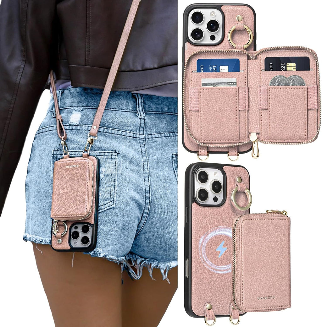 ORNARTO Magnetic Detachable Wallet Case for iPhone 16 Pro, [Compatible with MagSafe], Crossbody Wallet Case with Card Holder Wrist Strap, RFID Blocking PU Leather Wallet Phone Cover 6.3", Pink