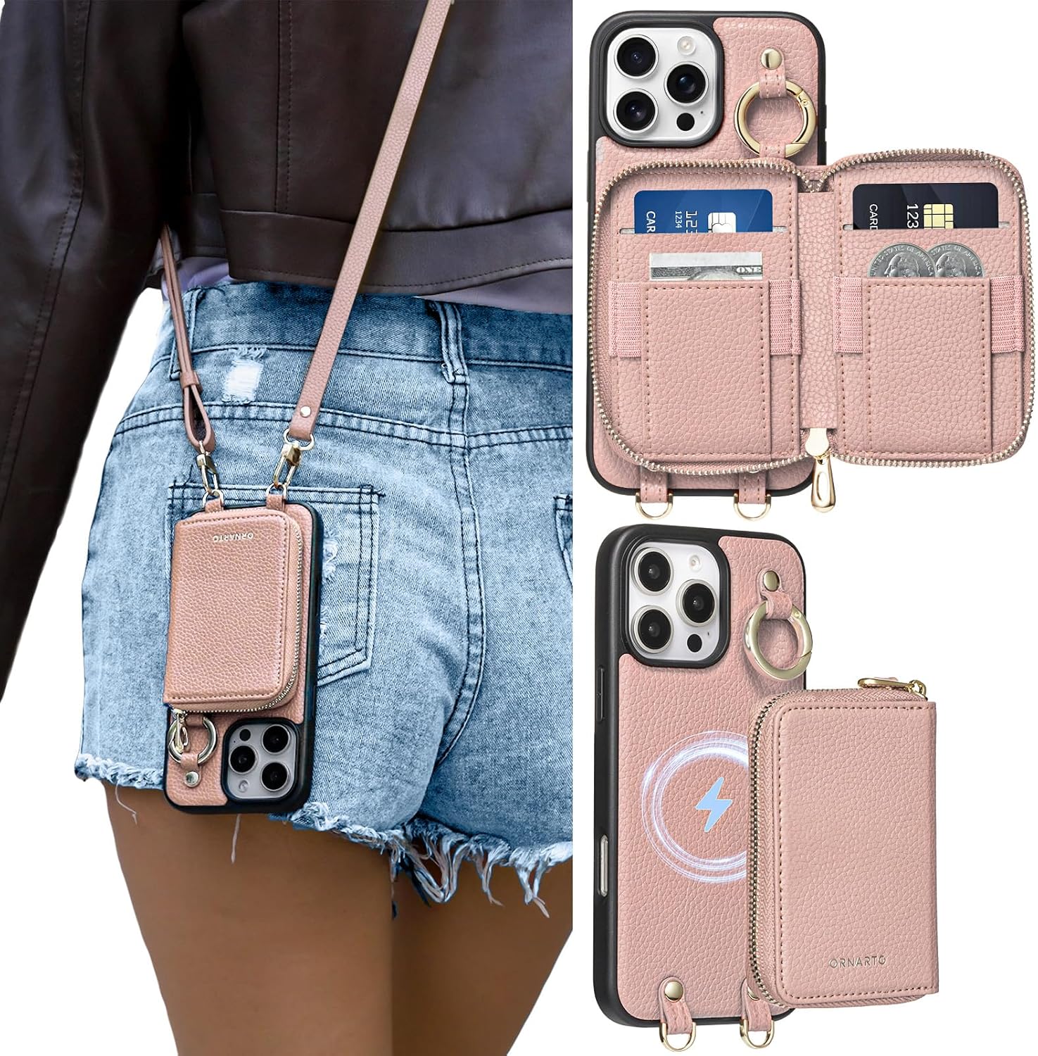 ORNARTO Magnetic Detachable Wallet Case for iPhone 16 Pro, [Compatible with MagSafe], Crossbody Wallet Case with Card Holder Wrist Strap, RFID Blocking PU Leather Wallet Phone Cover 6.3", Pink