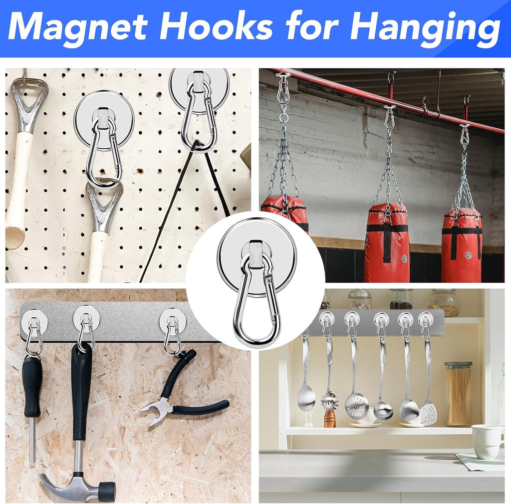LOVIMAG Magnetic Hooks Heavy Duty, 110LBS Strong Magnetic Hooks Neodymium Magnets with Carabiner Hook, Magnet Hooks with Swivel for Grill, Hangning, Cruise, Kitchen, Garage, Refrigerator (8 Pack)