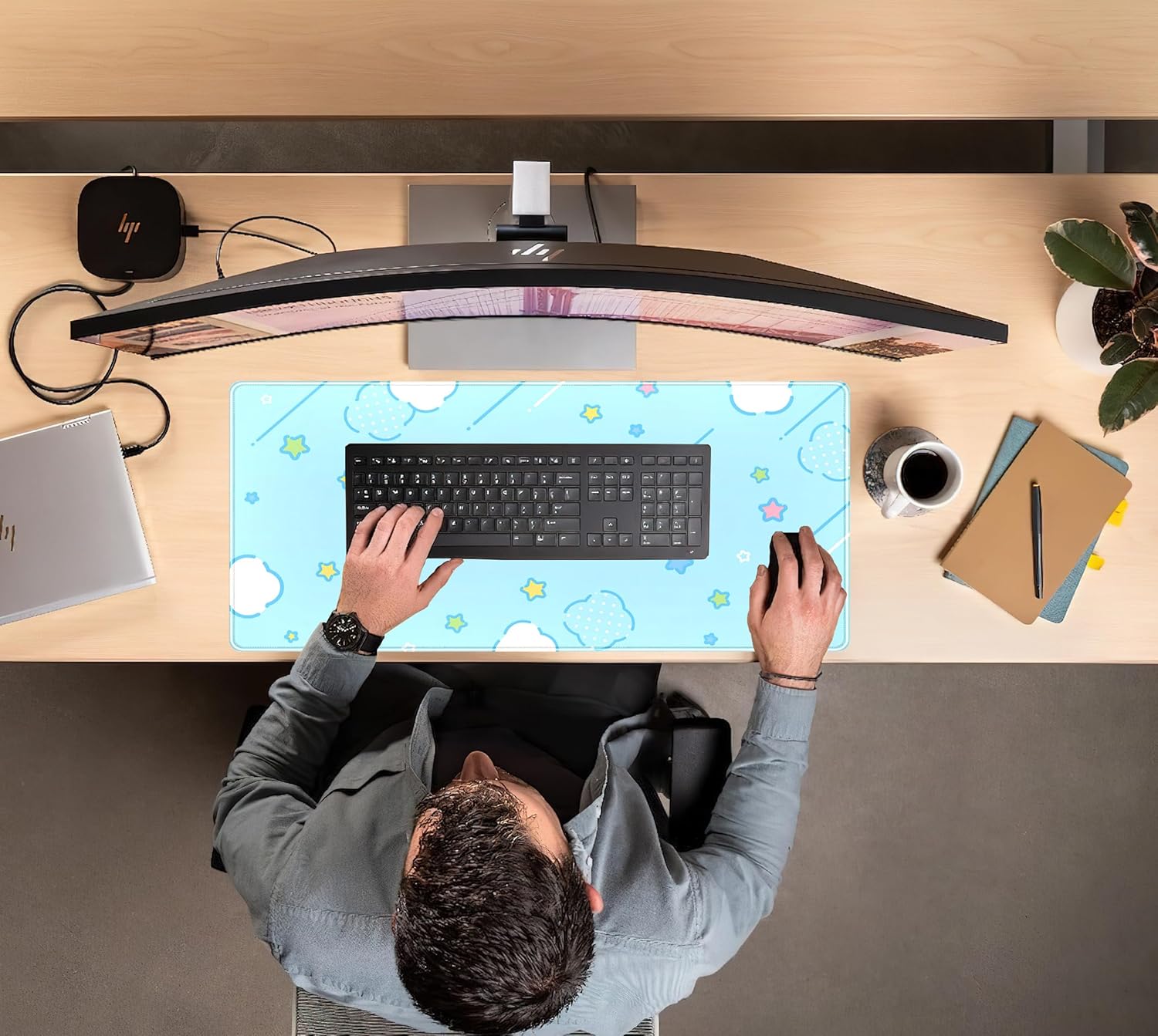 Kawaii Pastel Blue Star Grid Desk Pad, Large Gaming Mousepad & Keyboard Mat, XXL Office Desk Decor for Women, 31.5"x15.75"