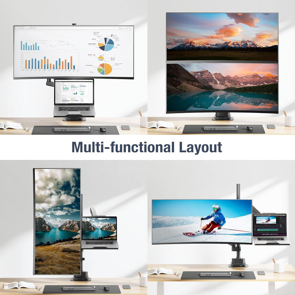 AVLT Laptop & 40 Inch Monitor Arm Pole Top Mount With USB-C USB-A Ports-Black, VESA Compatible, Supports 26.4 lbs (12 kg), Ultrawide Screen Fit, Adjustable Height, Tilt Swivel Rotate, Cable Management