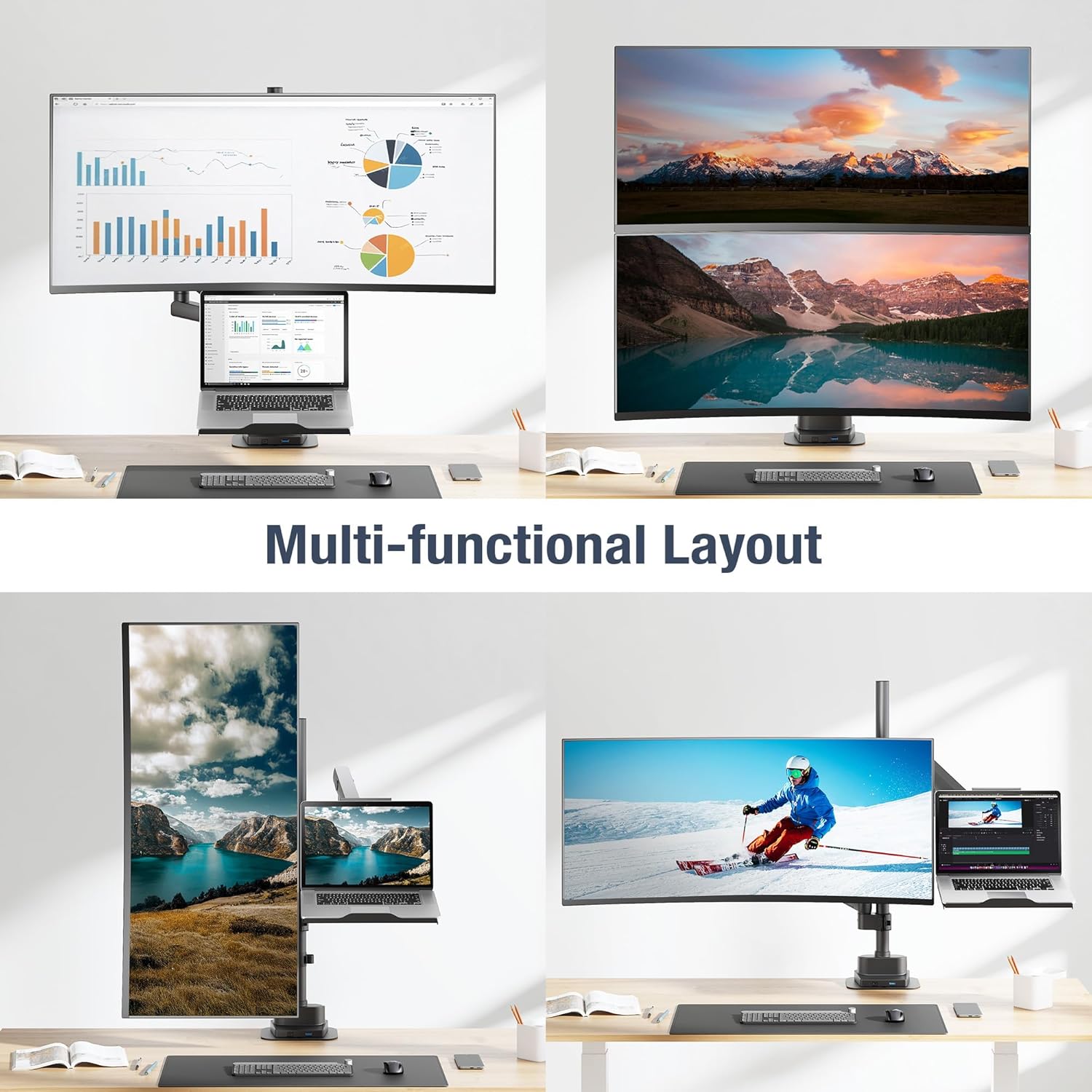AVLT Laptop & 40 Inch Monitor Arm Pole Top Mount With USB-C USB-A Ports-Black, VESA Compatible, Supports 26.4 lbs (12 kg), Ultrawide Screen Fit, Adjustable Height, Tilt Swivel Rotate, Cable Management