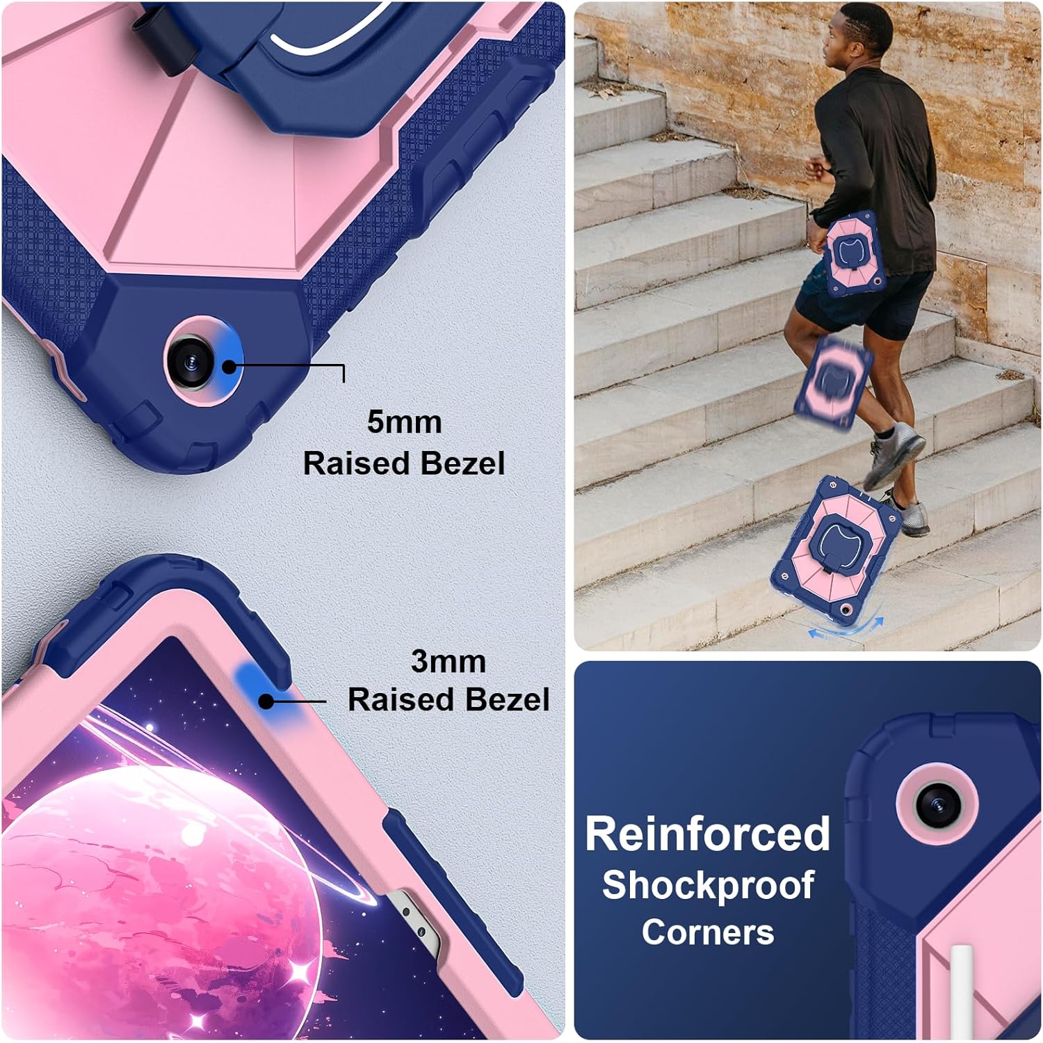 for Galaxy Tab A9 Plus Case 11 Inch, Rugged Case for Samsung Galaxy A9+ Tablet with Screen Protector 360 Rotating Stand Shoulder Strap Pen Holder, 2023 Model(SM-X210/X216/218), Navy Rose