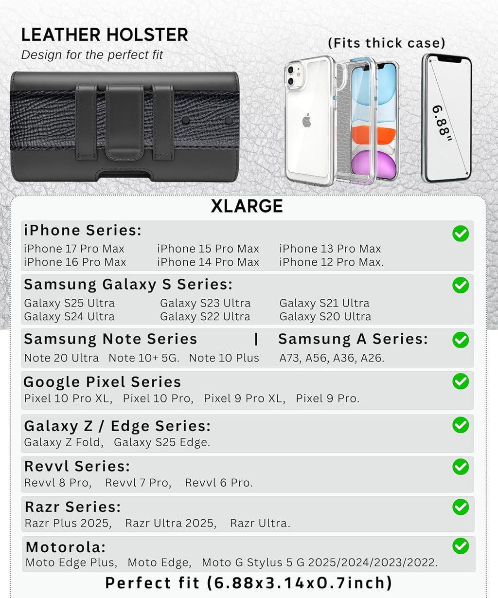 Phone Holster for Men & Women, Horizontal Cell Phone Case, Fits iPhone 17/16/15/14/13/12 Pro Max, Belt Clip/Loop Carrying Phone Pouch Holder, Black X-Large