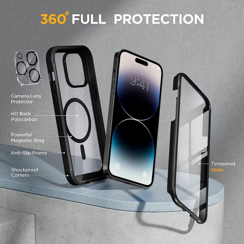 Miracase Magnetic for iPhone 14 Pro Case 6.1 inch, (Compatible with MagSafe) Upgrade Full-Body Clear Phone Bumper Case with Built-in 9H Tempered Glass Screen Protector, Magnetic Classic Black