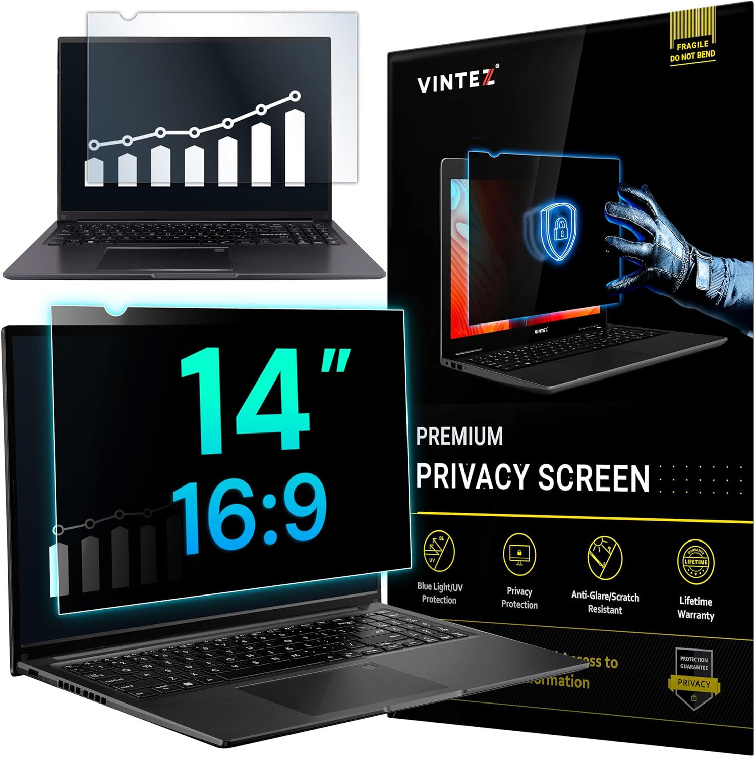 VINTEZ 14 Inch 16:9 Privacy Screen for Computer Monitor and Laptop - Anti Glare Protector Film Blue Light Filter Eye Protection - Computer Screen Privacy Shield, [1 Pack]