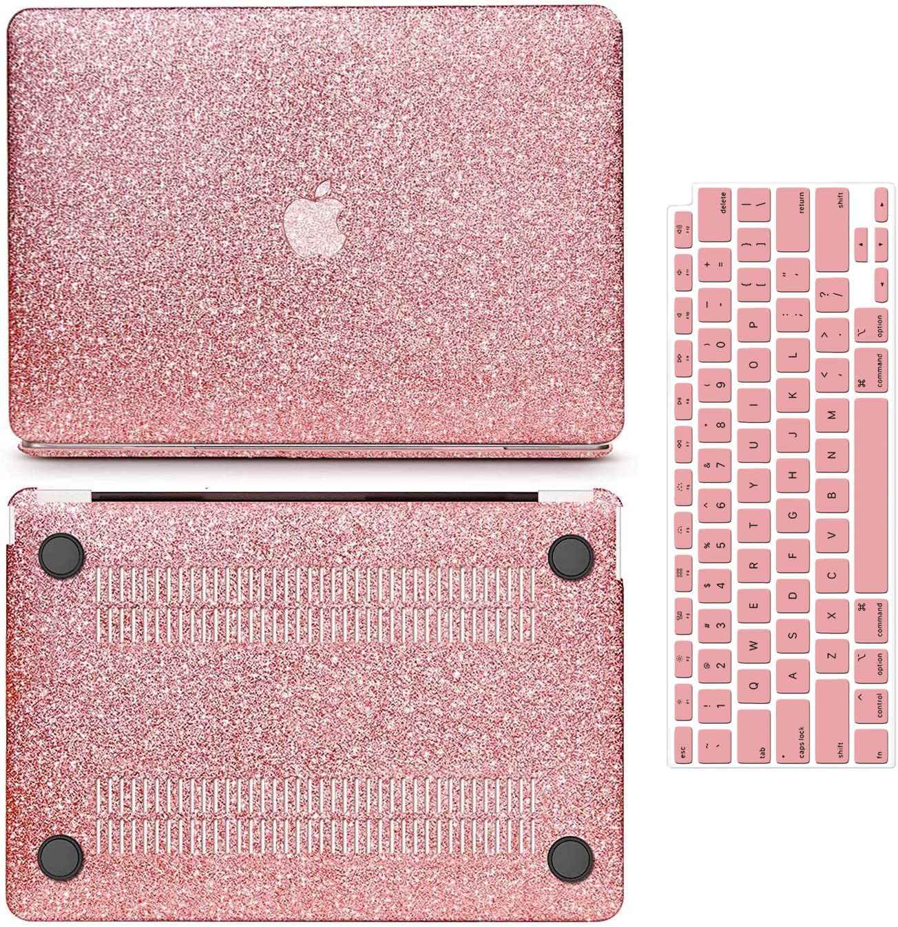 Compatible with MacBook Air 13 inch Case 2021 2020 2019 2018 M1 A2337 A2179 A1932 Touch ID, Glitter Smooth Leather Hard Shell + Keyboard Cover for MacBook Air 13.3 inch Case, Shining Rose Gold
