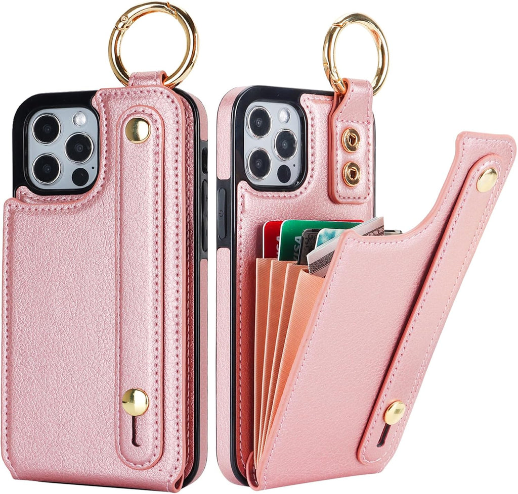 Folosu for iPhone 12/12 Pro Wallet Case with Card Holder, Hand Wrist Strap Loop Holder Kickstand, RFID Blocking Finger Grip Ring PU Leather Double Buttons Shockproof Cover 6.1" Rosegold