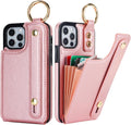 Folosu for iPhone 12/12 Pro Wallet Case with Card Holder, Hand Wrist Strap Loop Holder Kickstand, RFID Blocking Finger Grip Ring PU Leather Double Buttons Shockproof Cover 6.1" Rosegold
