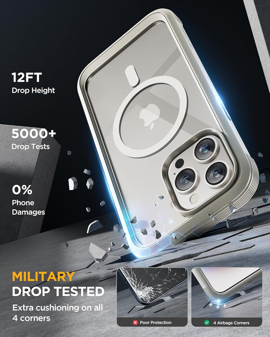 Miracase Magnetic for iPhone 15 Pro Case [Compatible with MagSafe] Full-Body Phone case with Built-in Glass Screen Protector& Camera Protector, Military Drop Proof 15 Pro Cover,Titan