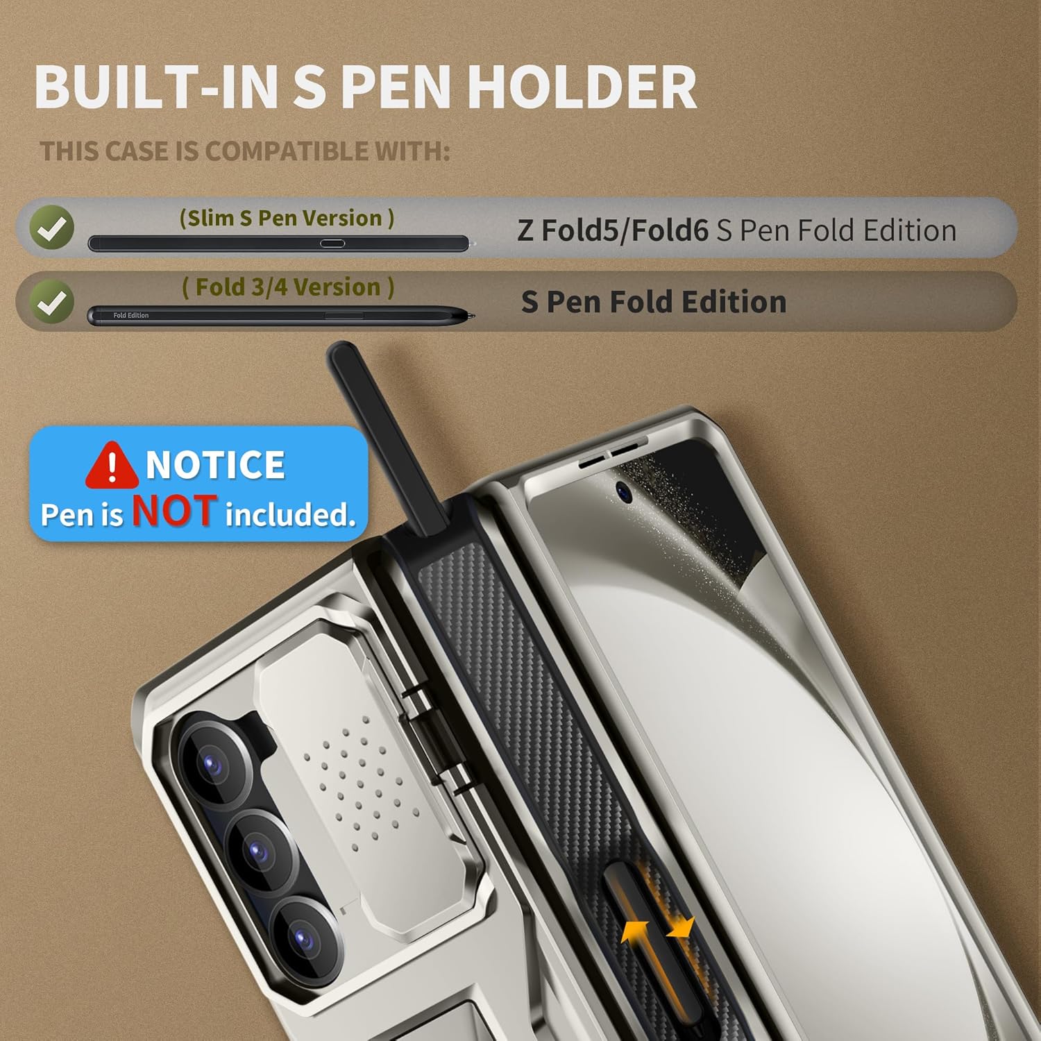 TONGATE for Z Fold 5 Case, [with S Pen Slot & Hinge Protection] [Tempered Glass Screen Protector] Full-Body Military Drop Phone Case for Samsung Galaxy Z Fold 5 with Kickstand & Belt Clip, Tigray