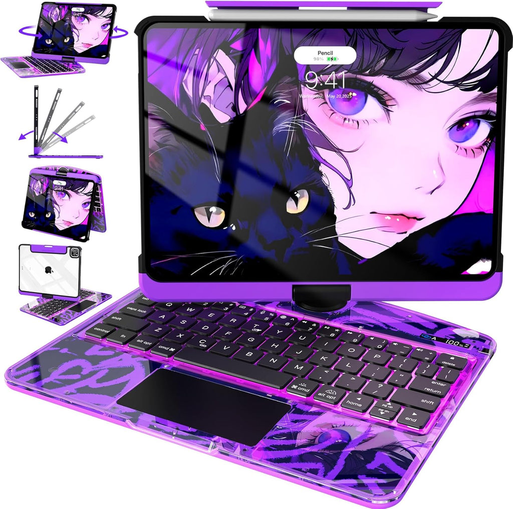 Intermerge for iPad 9th 10.2 inch Keyboard Case, 360° Transparent Multi-Touch Trackpad, 7-Color Backlit Keyboard, Pencil Holder, Type-C, Power Indicator for 9th/ 8th/ 7th - Neon Pulse