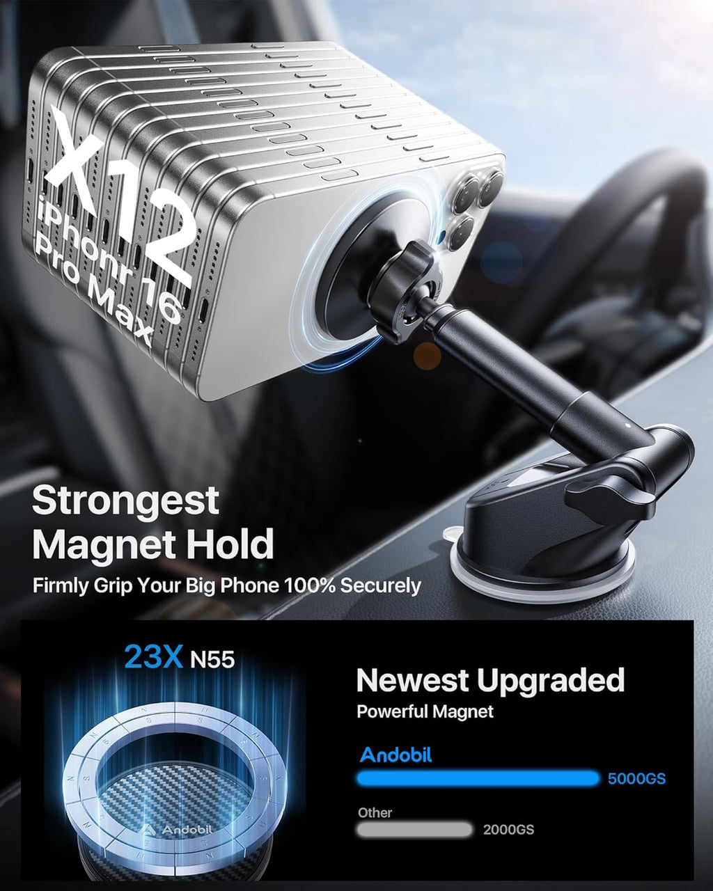 【True Military-Grade】andobil 3 in1 Magnetic Phone Holder for Car Dashboard Windshield Vent 【Upgrade Suction & Strongest Magnet】Retractable for MagSafe Car Mount for iPhone 16 15 14 13 Pro Max Sumsung