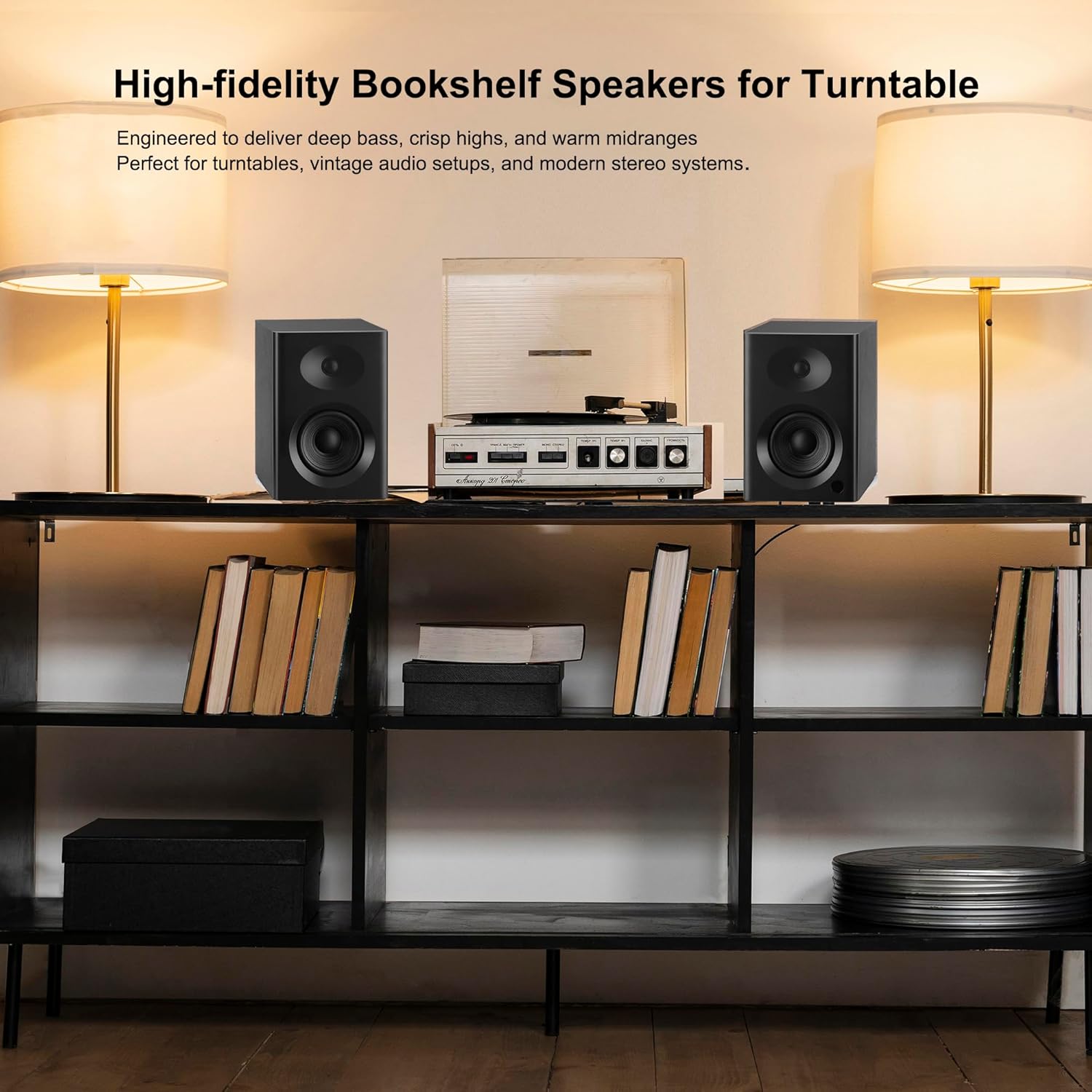 Bookshelf Speakers with Deep Bass, 80W Peak Output HiFi Gaming Computer Speakers, 4" Desktop Audio System for Home Office Desktop PC, Home Entertainment, Turntable, Pair, Black