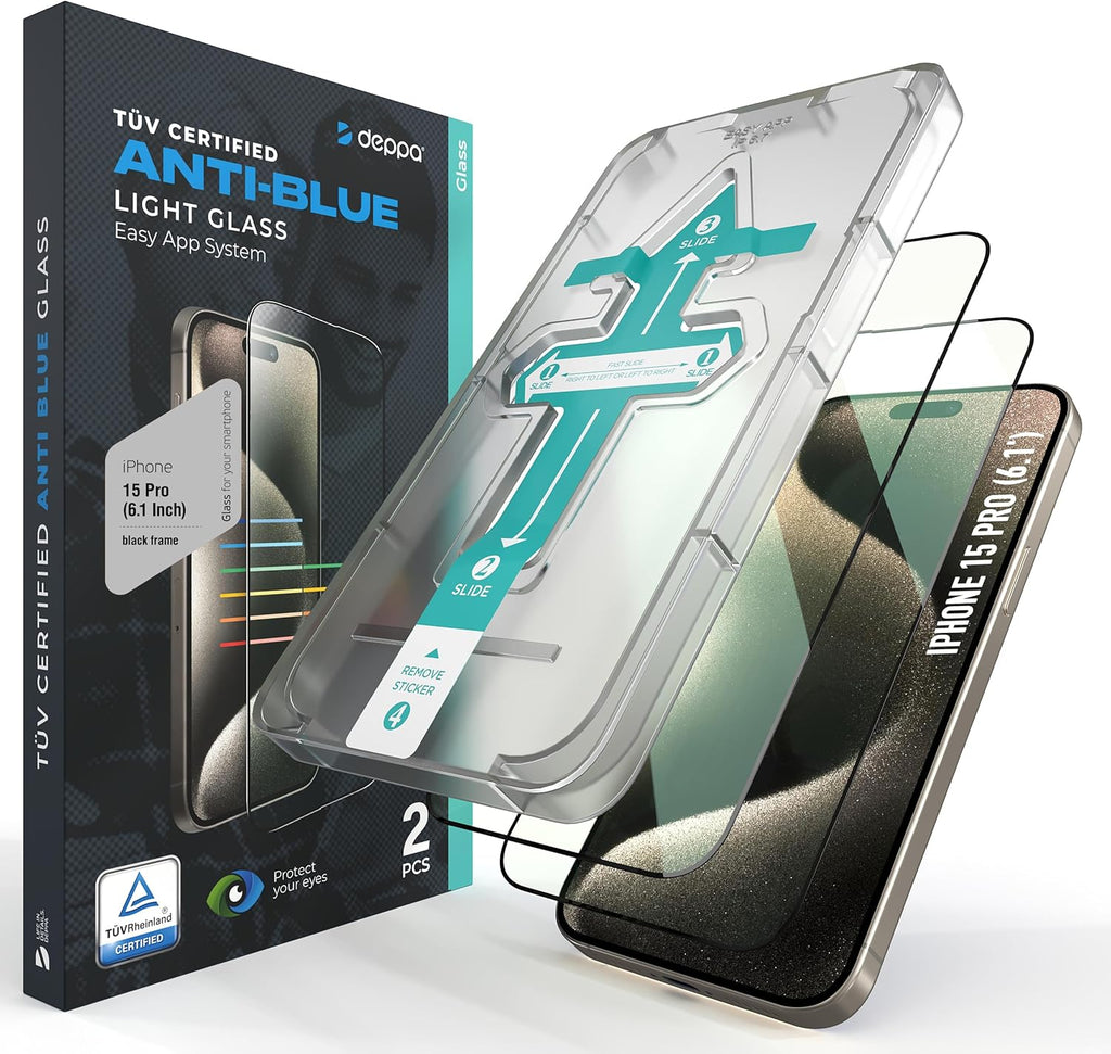 Deppa |2 Pack| Anti-Blue Light Screen Protector for iPhone 15 Pro (6.1') | Scratch Resistant Tempered Glass | 3D Edge to Edge Coverage | Easy Installation Kit | Eye Safeguard TÜV Certified