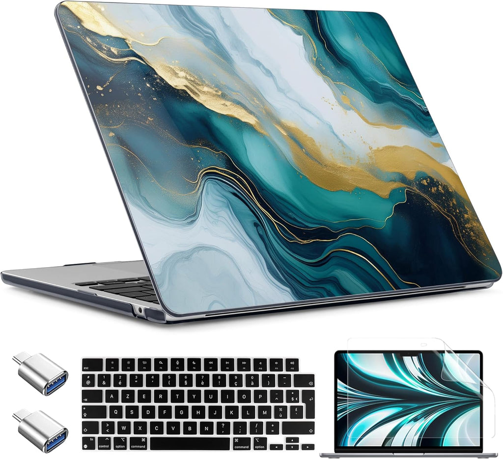 TWOLSKOO Compatible with M4 MacBook Air 15 inch Case 2025-2023 Released Model M4 A3241 M3 A3114 M2 A2941, Plastic Hard Shell & Screen Protector & Keyboard Cover & Type C Adapter, Graphite Marble