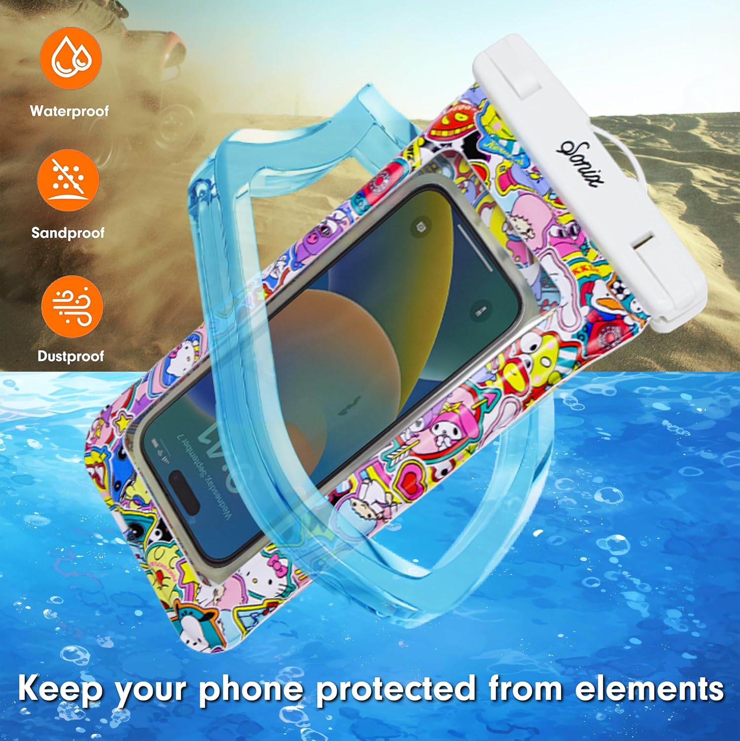 Sonix x Sanrio Waterproof Phone Pouch - Floating Phone Case Dry Bag w/Crossbody Lanyard - Beach Cruise Travel Essentials - Compatible w/All Devices, Touchscreen Friendly | Hello Kitty Stickers