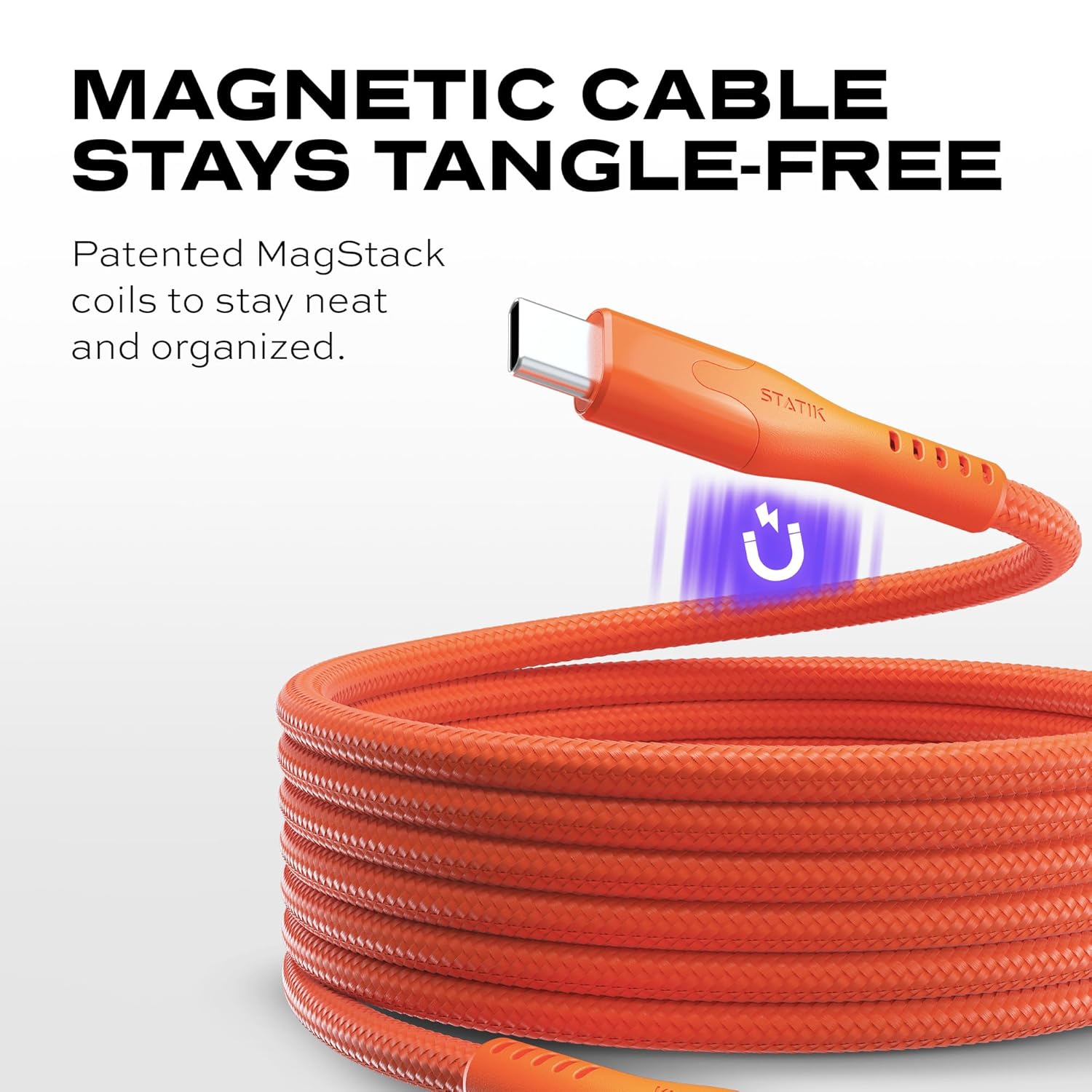 Statik MagStack Pro USB C to USB C Cable, Magnetic Type C Charger Fast Charging Cord, On The Go Magnetic Charging Cable for Car, Compatible with 16 Pro Max, 15, Galaxy S21 S20 Ultra, Orange 100W 3FT