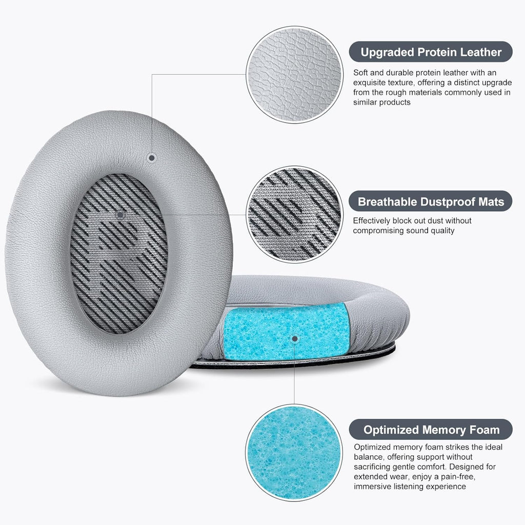 Aurivor Replacement Ear Pads Cushions for Bose QuietComfort QC 35 (ii) 25 15 2 Headphones, Upgraded Earpads for QC35 (ii) QC25 QC15 QC2 SoundTrue/SoundLink AE2/AE2i/AE2w Around-Ear Headphones (Silver)