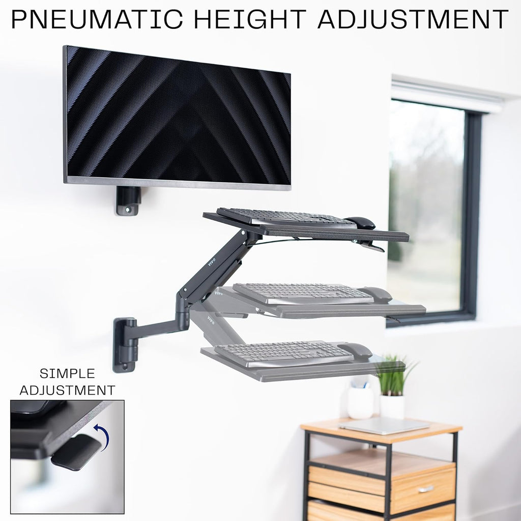 VIVO Sit-Stand 24 Inch Pneumatic Spring Keyboard and Mouse Tray Wall Mount, Counterbalance Height Adjustable Typing Platform, Ergonomic Tilt, Black, MOUNT-KB35C