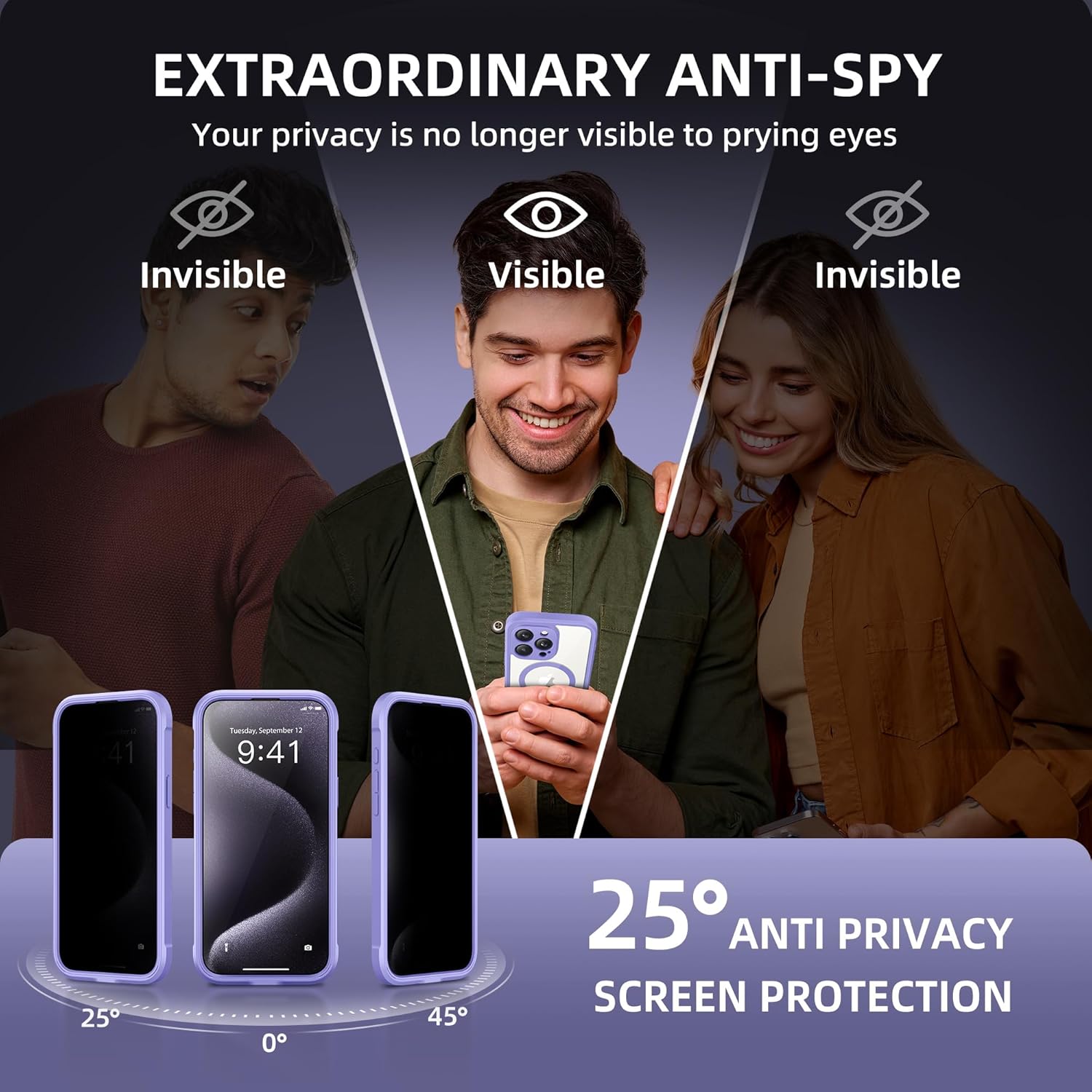 Magnetic for iPhone 15 Pro Max Case, Compatible with MagSafe, Built-in Privacy Screen Protector and Camera Protection, Anti Spy Full Body Dustproof Shockproof Hard Phone Case 6.7",Light Purple