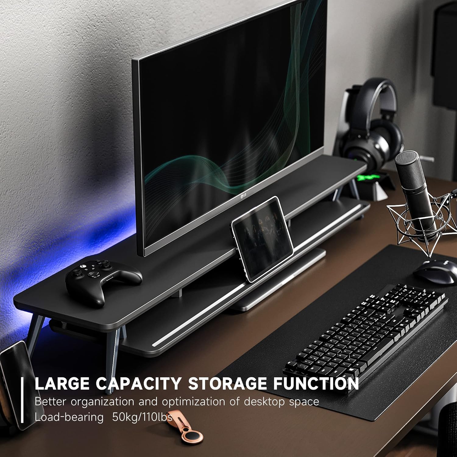 Fenge Dual Monitor Stand, Monitor Stands Riser for 2 monitors, 42.5 Inch Wood Desk Shelf with Storage Organizer and Cable Management for Office Desk Accessories