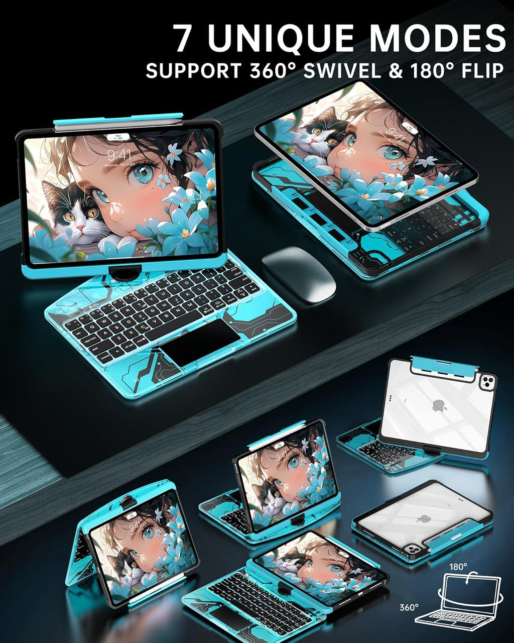 Intermerge Clear Keyboard Case for iPad Air 13" (M3/M2, 2025/2024) & Pro 12.9" (2022-2018) - 360° Rotatable Trackpad, RGB Backlit Keyboard, Pencil Holder, Power Indicator, Type-C, Nebula Core X
