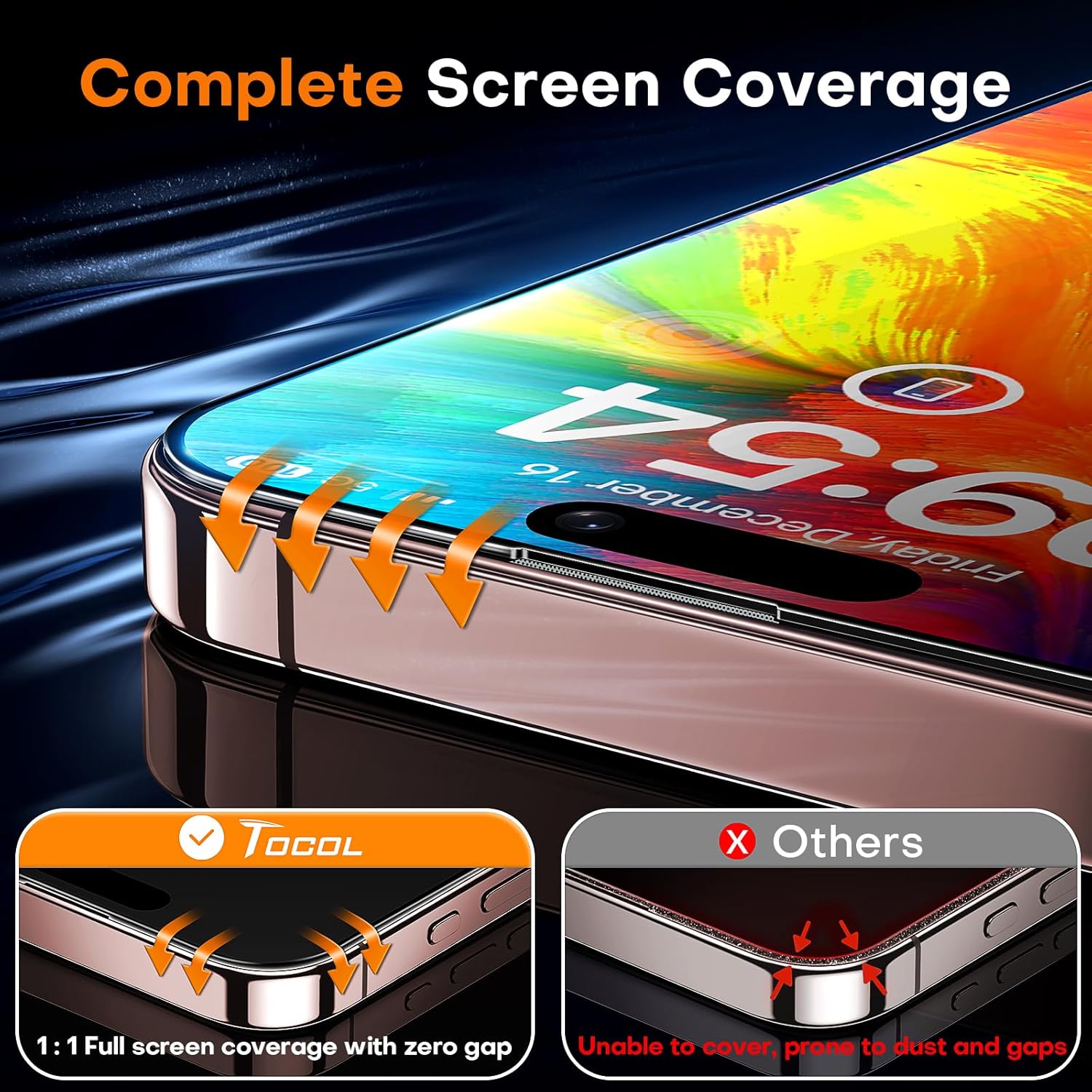 TOCOL for iPhone 16 Pro Screen Protector 9H Hardness Military Grade Shatterproof HD Tempered Glass Full Coverage Easy Installation Case Friendly 2 Pack