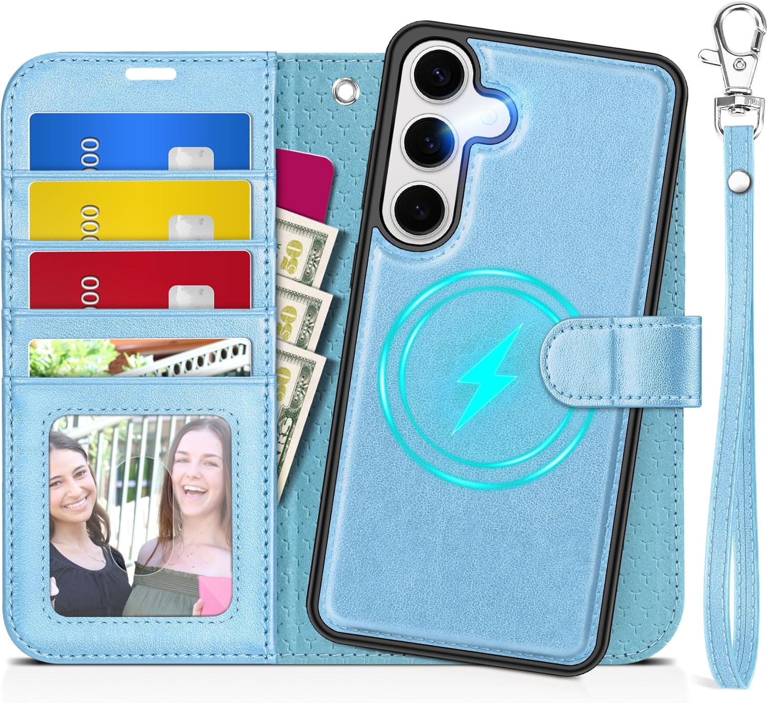 TUCCH Case Wallet for Galaxy S25 Plus, Removable [2 in 1] [Wireless Charging] Wrist Strap PU Leather Magnetic Stand RFID Blocking [4 Card Slot] Detachable Folio for Galaxy S25 Plus, Pearly Light Blue
