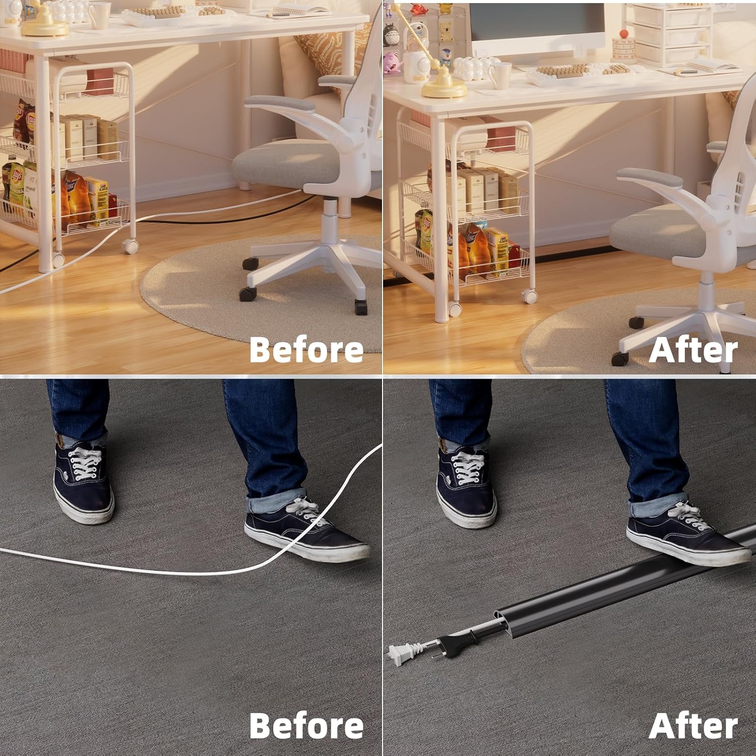 9.8ft Floor Cord Cover, Silicone Wire Hider, Hide Extension Cords, Protect Cords, Prevent Cable Trips, Heavy-Duty Adhesive-Backed Anti-Trip Cable Protector for Floor, Desk & Wall