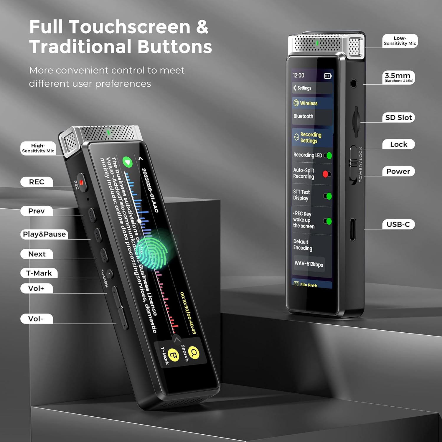 136GB Digital Voice Recorder with Playback, Innioasis R1 Full Touchscreen Voice Recorder with AI Intelligent Transcription and Bluetooth, Voice Activated Sound Audio Recorder Device with Mic (Silver)