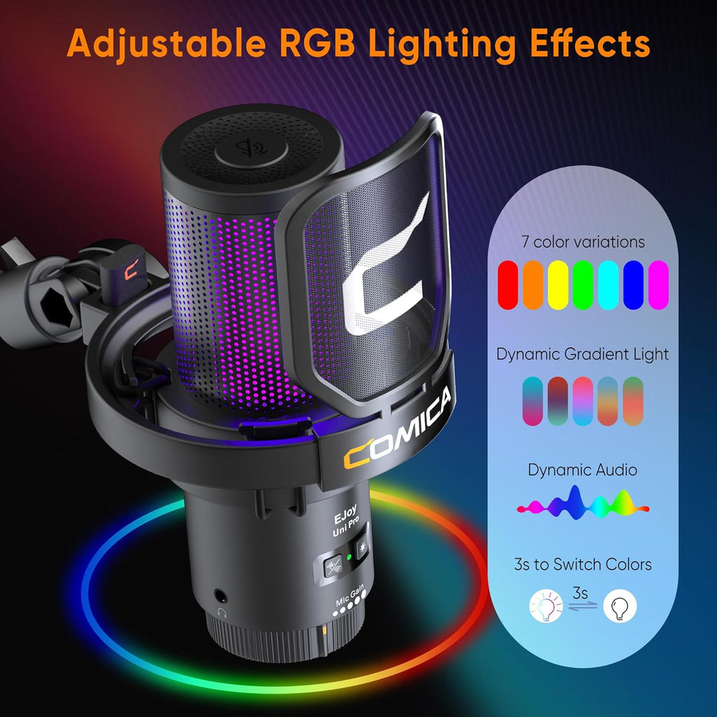 Comica EJoy Uni Pro Wireless USB Condenser Gaming for PC, PS4, PS5, USB C Phone and Mac, Boom Arm RGB Computer Mic for Twitch, Streaming, Podcasting, Noise Cancellation Mic with Mute, Gain, Monitoring