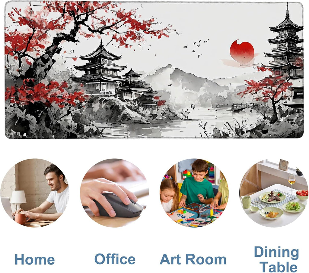Oriental Painting Gaming Mouse Pad 3mm Thick Stitched Edge Waterproof Non-Slip Large Computer Keyboard Mouse Mat,Suitable for Office Entertainment Decorative Desk Pad 35.4 x 15.7 Inches