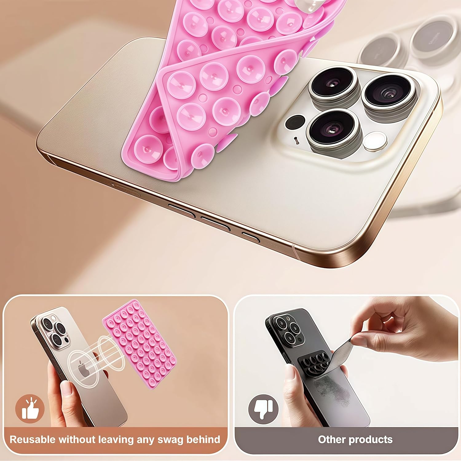 3-Pcs Double-Sided Suction Phone Mount, Sticky Phone Grip with Higher Suction Power,Hands-Free Phone Accessories Holder for Selfie and Video on iPhone and Android Phones.