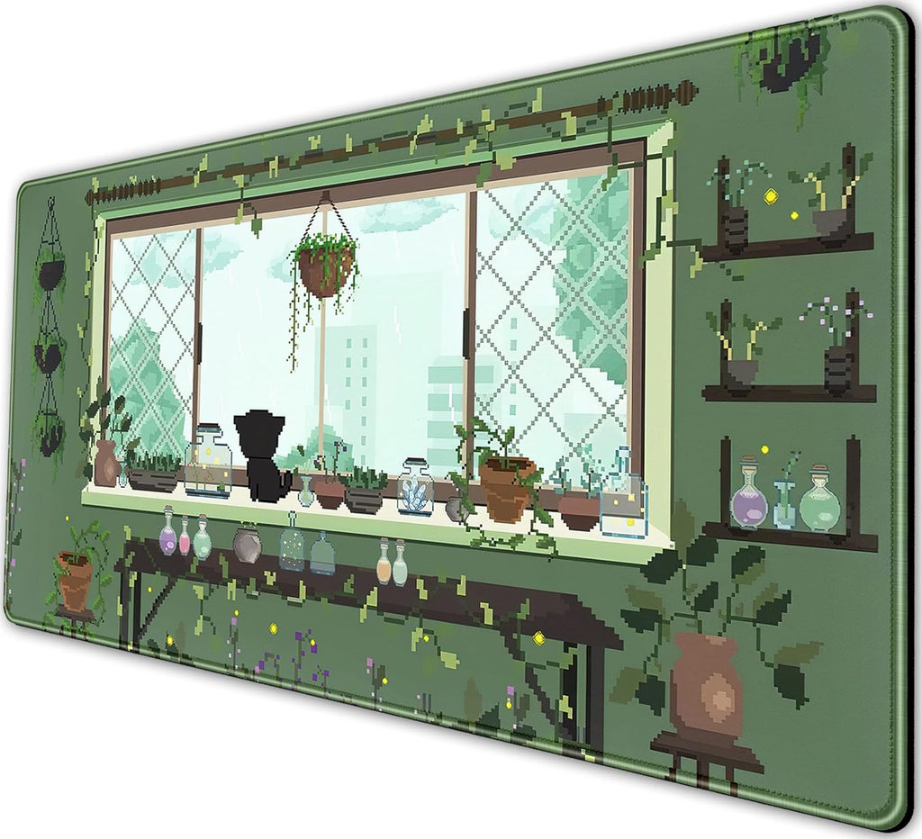 Cute Kawaii Green Plant Desk Mat Anime Aesthetic Mousepad Pixel Art XXL Large Gaming Mouse Pad Laptop Keyboard Mat Desk Pad 31.5x15.75 in, Office Home Decor for Women Girl