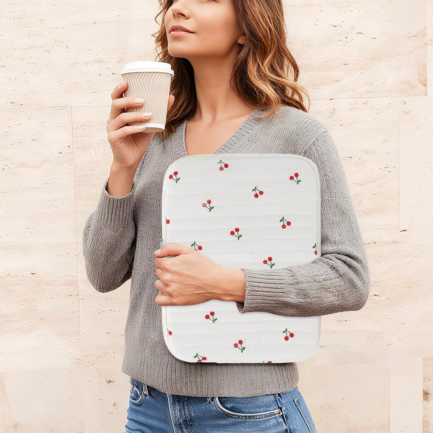 Puffy Laptop Sleeve 13-15.6 Inch Cute Quilted Laptop Protective Case Padded Floral Computer Sleeve for MacBook (B-Cherry, 15 Inch)