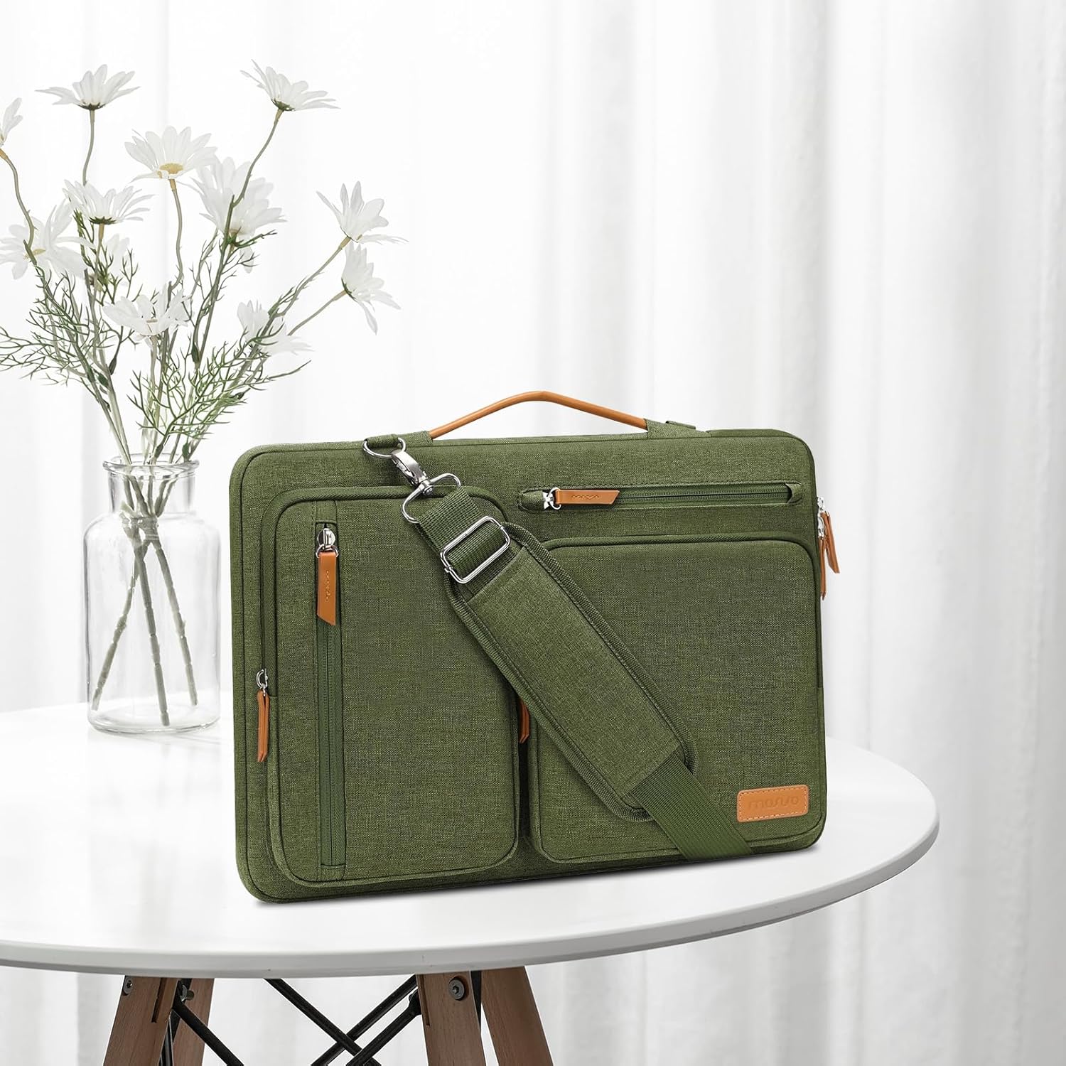 MOSISO 360 Protective Laptop Shoulder Bag,15 inch Computer Bag Compatible with MacBook Air M4 M3 M2/Pro A1990 A1707, Dell XPS Plus,Side Open Messenger Bag with 4 Zipper Pockets&Handle, Olive Green
