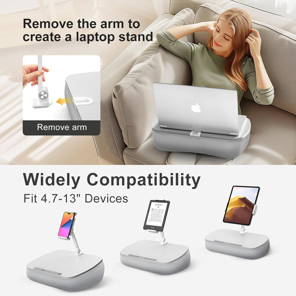 Lap Beanbag Cozy Kindle Pillow Stand for Bed with Adjustable Arm, 360° Tablet Holder, Fits 4.7"-13" Kindle, iPad, Phone, Laptop, Lap Desk for Hands Free Reading in Bed, Couch, Sofa(Light gary)