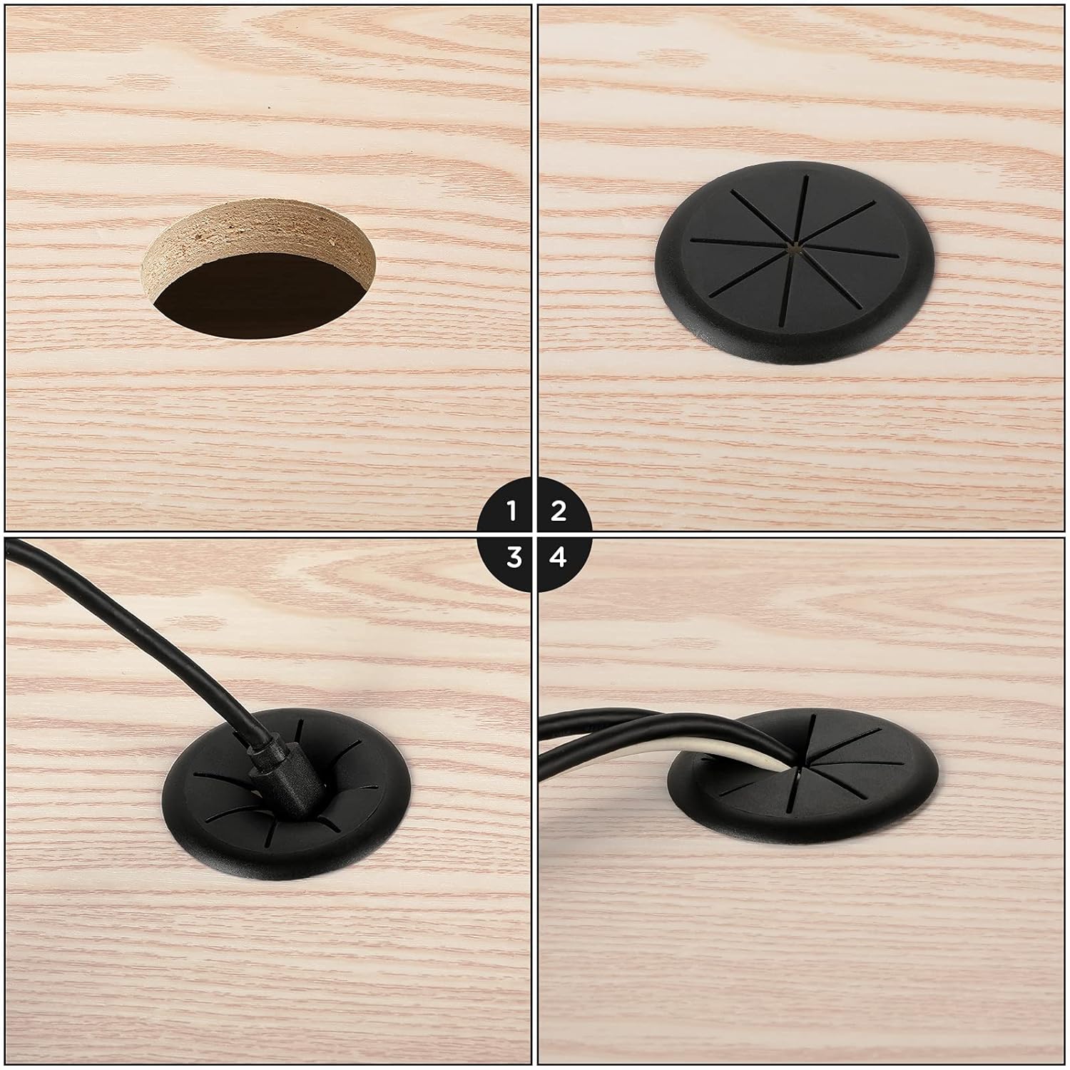 HYCC 2 Pack 2 Inch Flexible Desk Grommet,Organize Wires and Cables on Office Equipment, Computer Components, Entertainment Systems Effectively - Color: Black