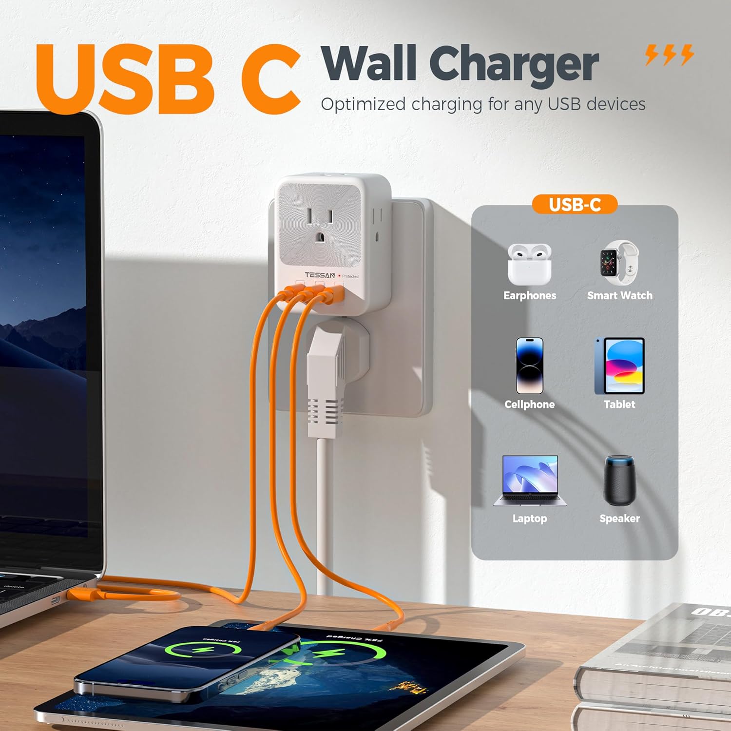 USB Multi Plug Outlet Splitter, TESSAN Surge Protector 4 Outlet Extender with 3 USB C Wall Charger Blocks, 3-Sided Multiple Plug Expander for Home Office Dorm Room Essentials