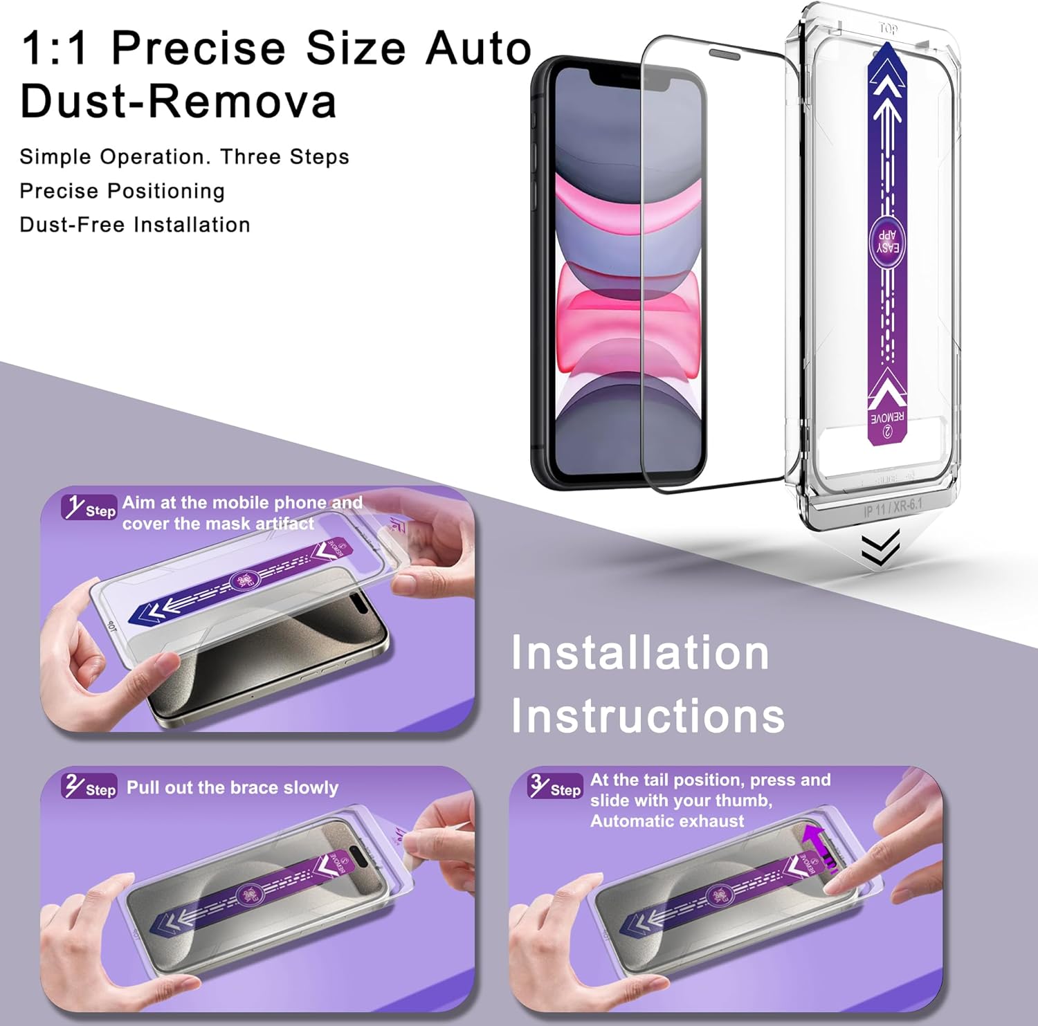2 Pack Screen Protector for iPhone 11 / iPhon XR, 9H Tempered Glass, Full Coverage, Anti-Fingerprint, Auto Dust-Elimination, No Bubble, Easy Installation