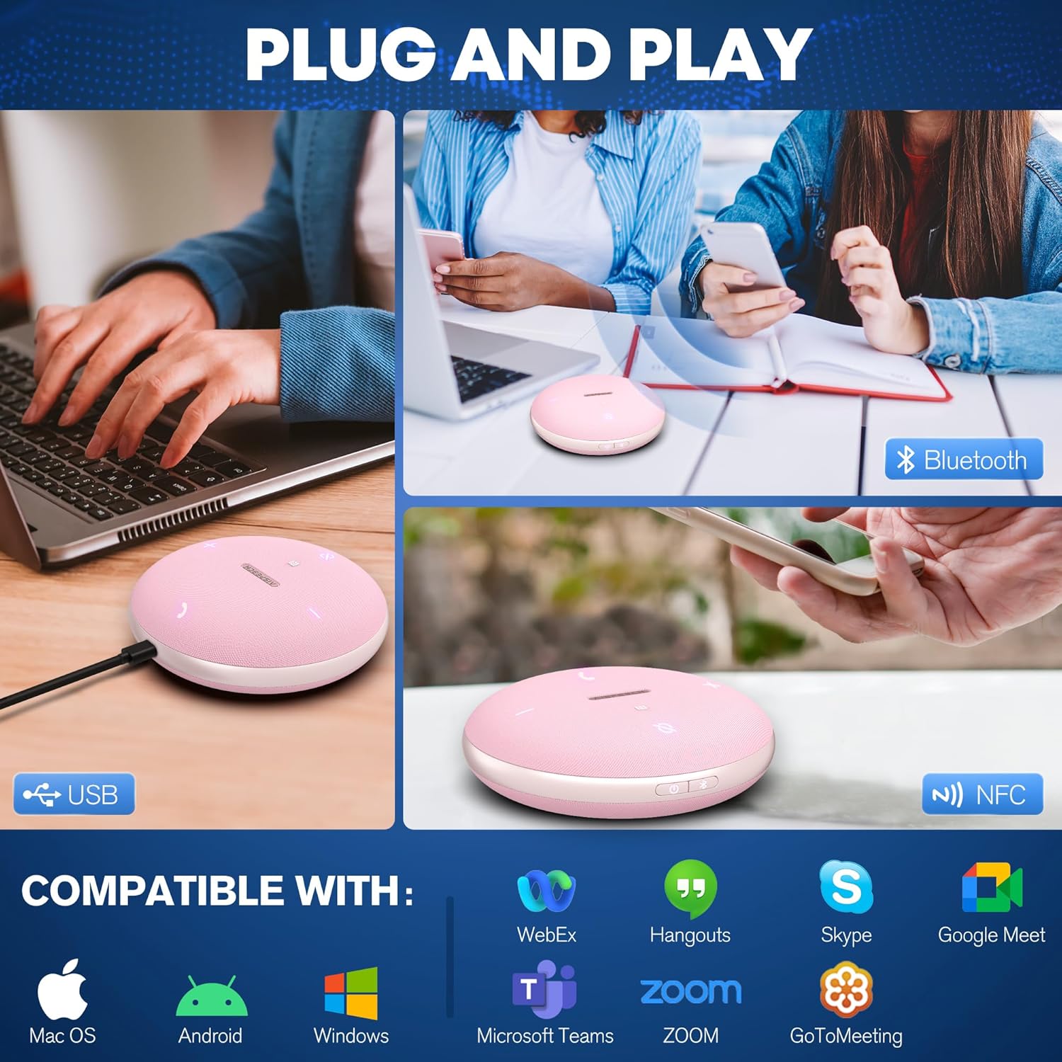 M4 Bluetooth Speakerphone Conference Speaker and Microphone with AI Noise Reduction GPT Transcription Speakers for Computer Desktop 360° Voice Pickup at Home Office for Teams/Zoom, Pink