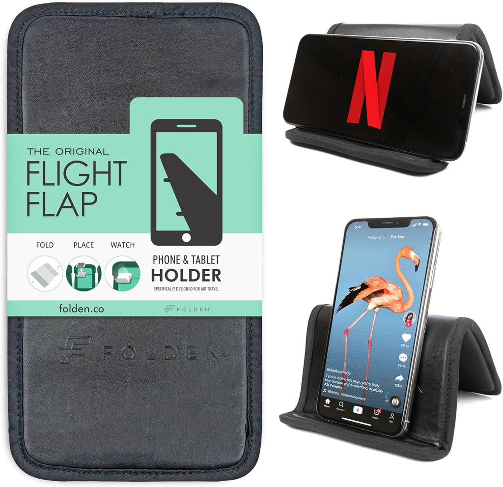 Folden Airplane Phone Holder, Foldable Cell Phone Stand Desk – Flexible Tablet Phone Holder for Bed, Desk, Office, Treadmill – Mobile Stand Phone Accessories, Plane Travel Essentials (Vegan Leather)