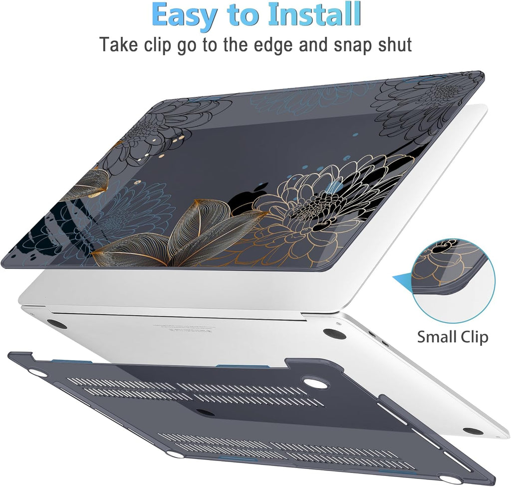 Mektron for MacBook Air 13 Case A1466/A1369 (2010-2017 Release), Snap-on Plastic Hard Shell Cover for MacBook Air 13.3 inch with Keyboard Cover, Line Chrysanthemums
