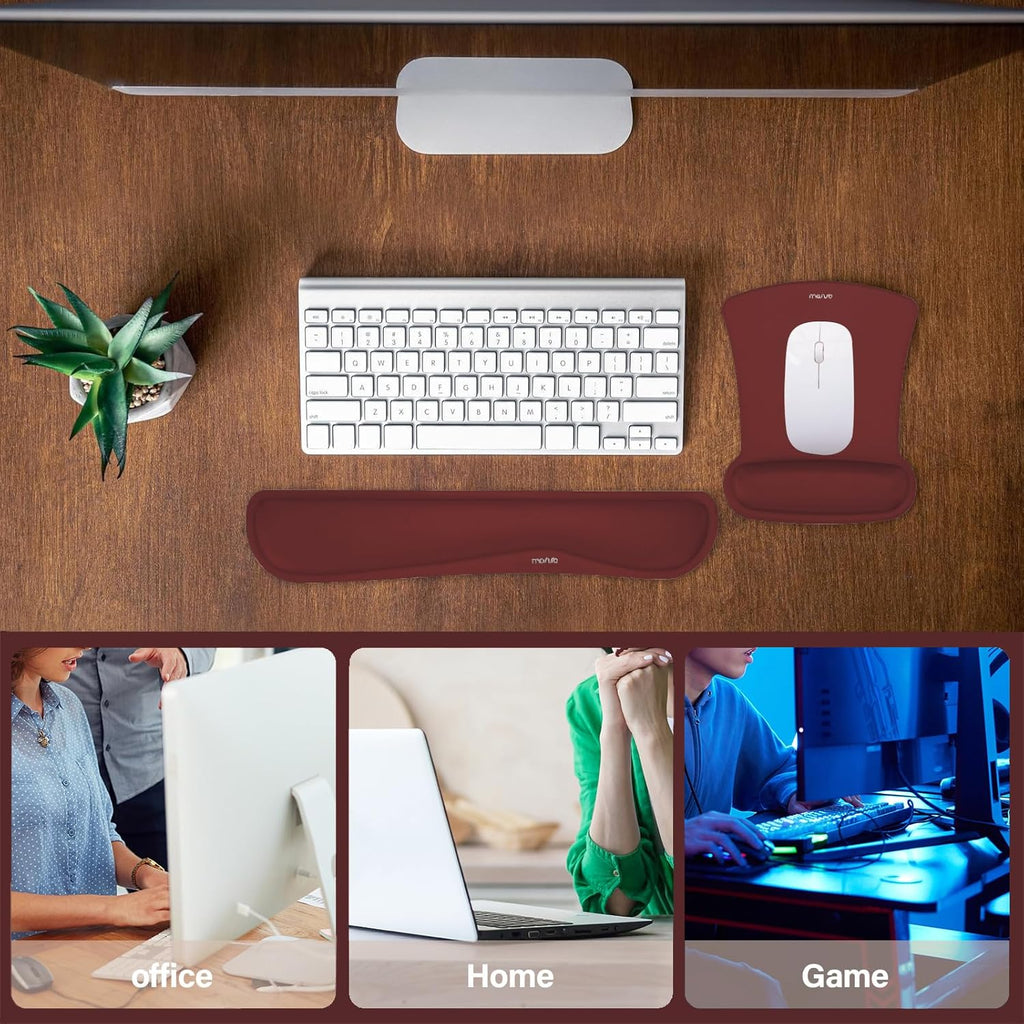 MOSISO Wrist Rest Support for Mouse Pad & Keyboard Set, Ergonomic Mousepad Non-Slip Base Home/Office Pain Relief & Easy Typing Cushion with Neoprene Cloth & Raised Memory Foam, Wine Red