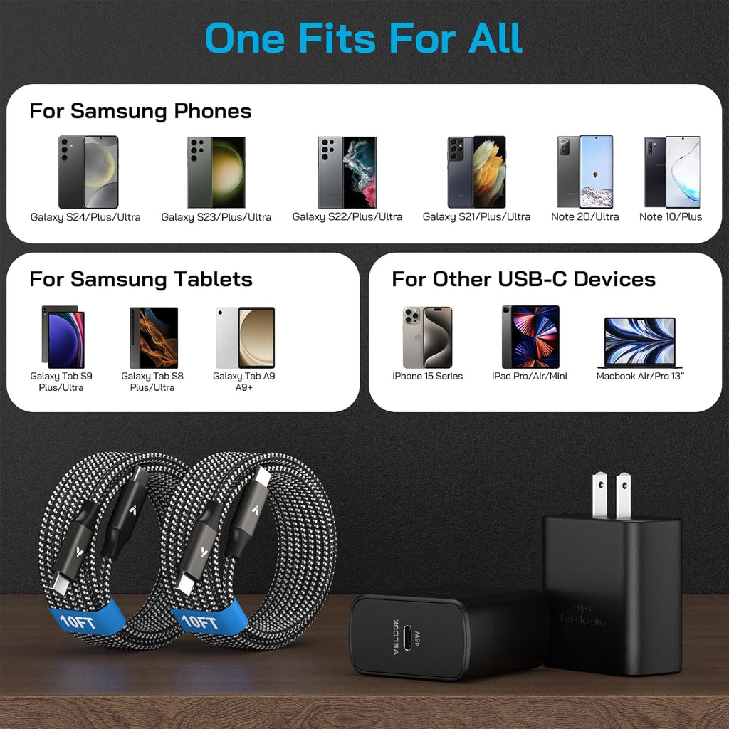 45W Super Fast Charger USB C, 45 Watt Type-C Android Phone Charger Fast Charging Block with 10FT Type C Cords for Samsung Galaxy S25 Ultra/S24 Ultra/S24+/S23 Ultra/S23+/S22 Plus/S20, Tab S9/S8 Ultra